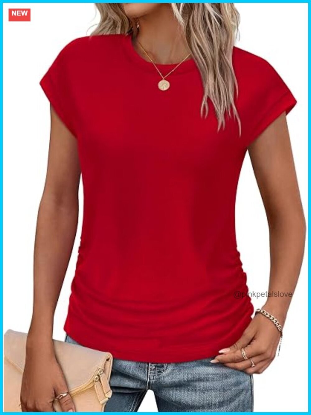 Ruched Cap Sleeve T-Shirt with Side Shirring Slimming Top